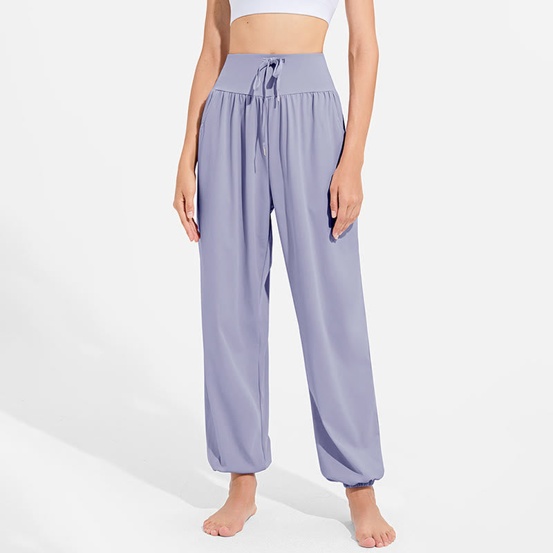 Buddha Stones無地 ドローストリング 伸縮性ウエストデザイン レディース ハーレムパンツ スポーツ ヨガ スウェットパンツ ポケット付き - image 1