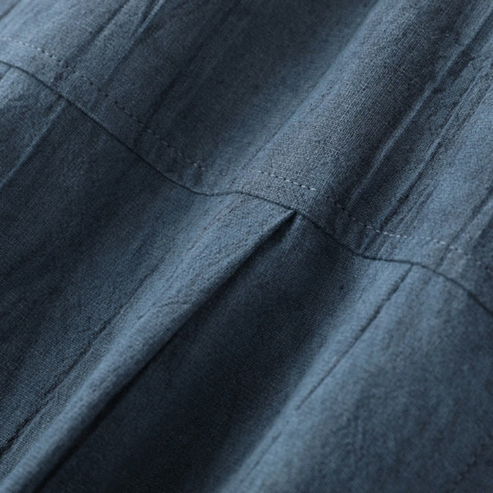 Buddha Stonesサマーソリッドプリーツデザインメンズハーフボタン半袖コットンラミーシャツ - image 6