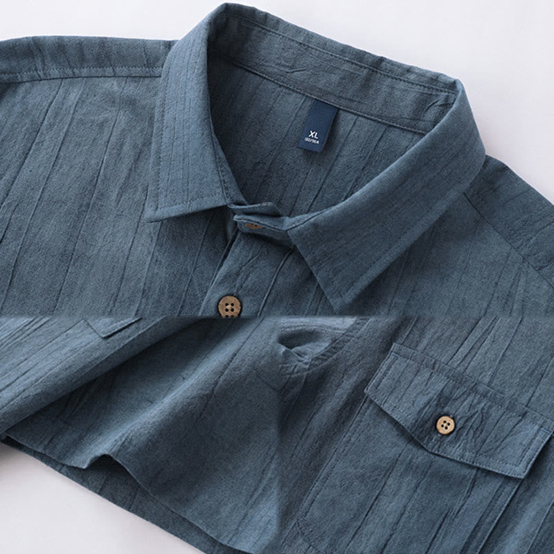 Buddha Stonesサマーソリッドプリーツデザインメンズハーフボタン半袖コットンラミーシャツ - image 10