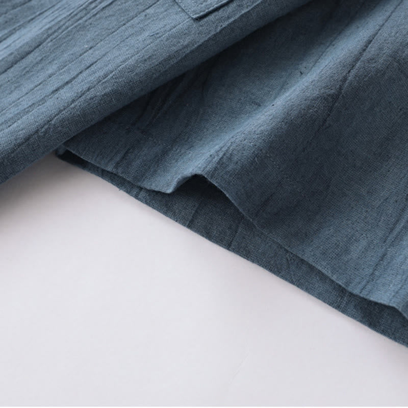 Buddha Stonesサマーソリッドプリーツデザインメンズハーフボタン半袖コットンラミーシャツ - image 7