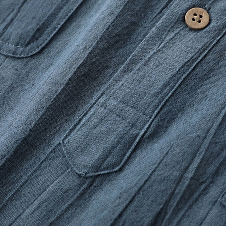 Buddha Stonesサマーソリッドプリーツデザインメンズハーフボタン半袖コットンラミーシャツ - image 2