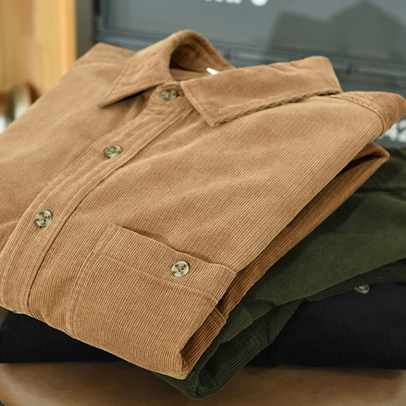 Buddha Stones秋 装飾ポケット ボタンダウン スタンドカラー 長袖 メンズ コットン コーデュロイ シャツ - image 8