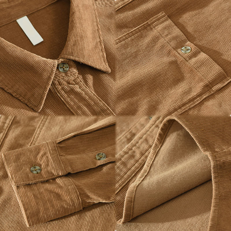 Buddha Stones秋 装飾ポケット ボタンダウン スタンドカラー 長袖 メンズ コットン コーデュロイ シャツ - image 2