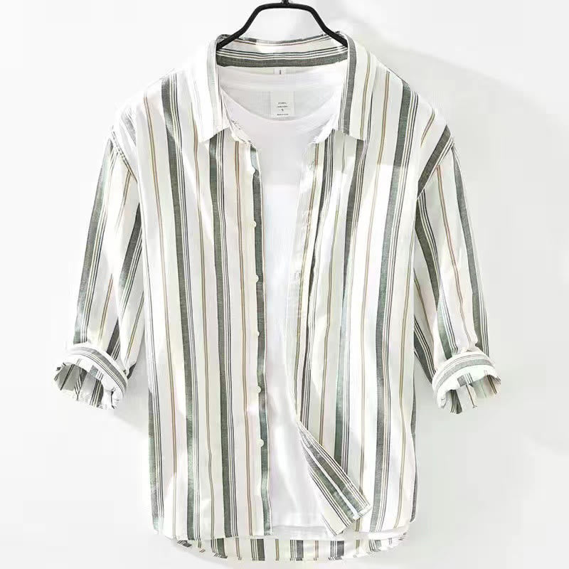 Buddha Stones秋 ストライプ 装飾ポケット ボタンダウン 長袖 七分袖 半袖 メンズ コットンシャツ - 七分袖 グリーン - US/UK/AU42、 EU52 (3XL) - image 22