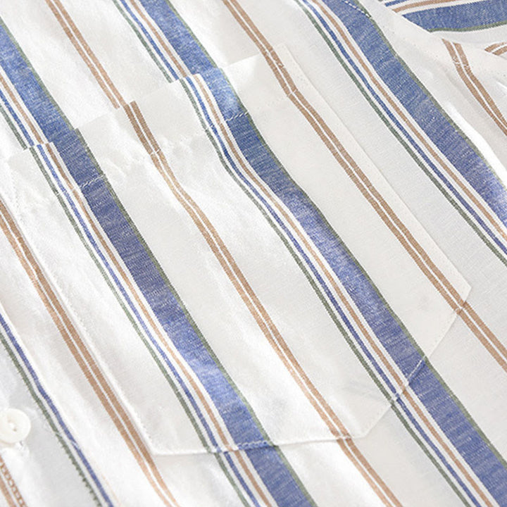 Buddha Stones秋 ストライプ 装飾ポケット ボタンダウン 長袖 七分袖 半袖 メンズ コットンシャツ - image 6