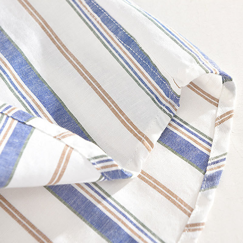 Buddha Stones秋 ストライプ 装飾ポケット ボタンダウン 長袖 七分袖 半袖 メンズ コットンシャツ - image 9