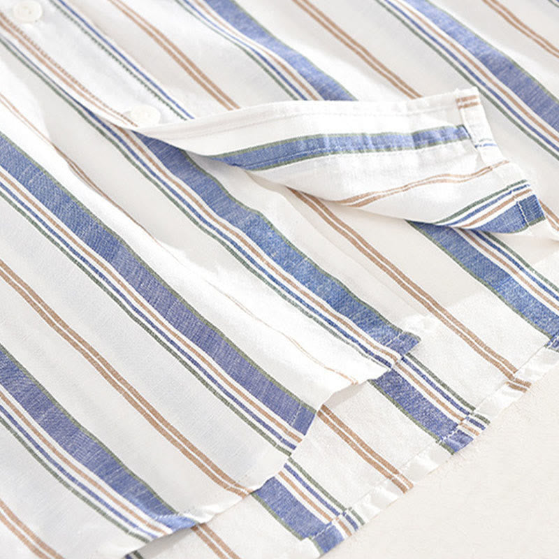 Buddha Stones秋 ストライプ 装飾ポケット ボタンダウン 長袖 七分袖 半袖 メンズ コットンシャツ - image 8