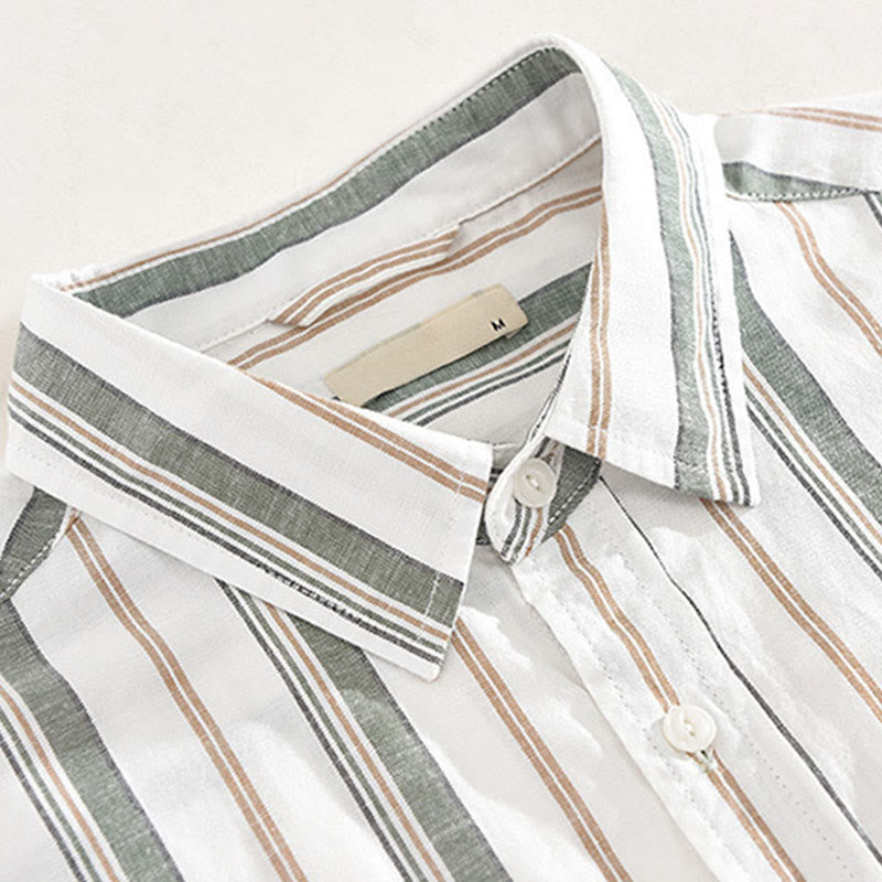 Buddha Stones秋 ストライプ 装飾ポケット ボタンダウン 長袖 七分袖 半袖 メンズ コットンシャツ - image 13