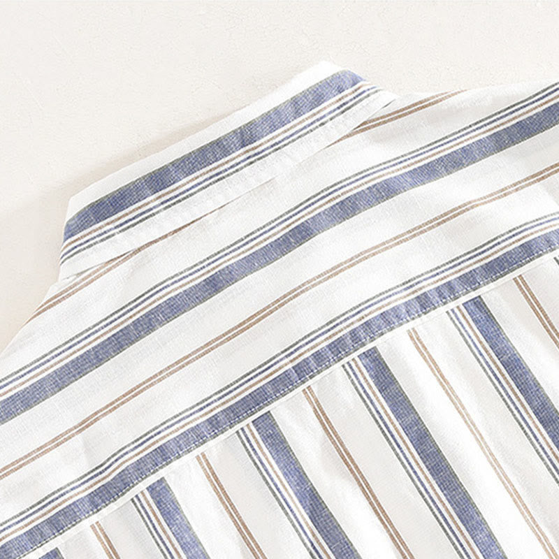 Buddha Stones秋 ストライプ 装飾ポケット ボタンダウン 長袖 七分袖 半袖 メンズ コットンシャツ - image 4