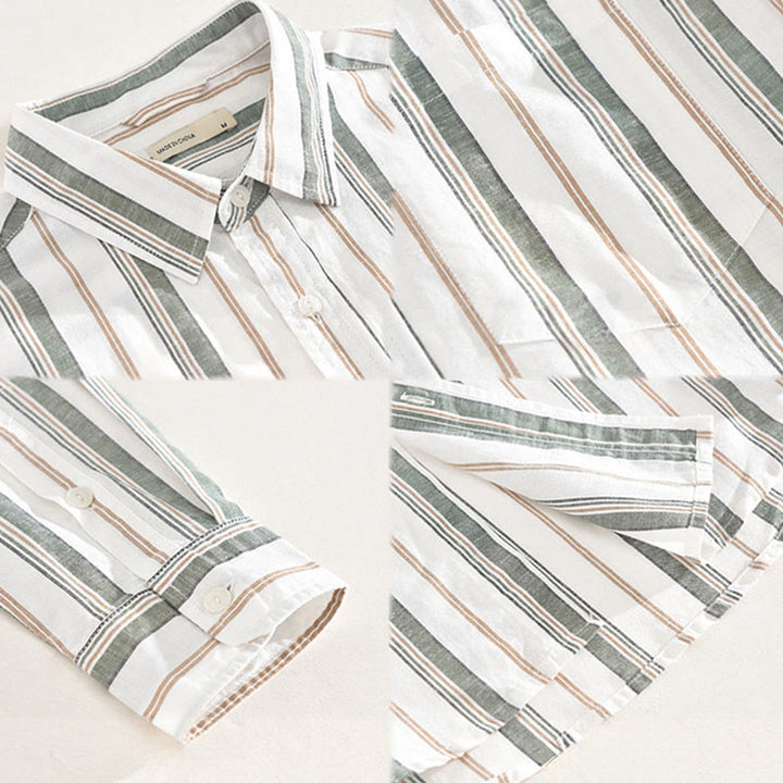 Buddha Stones秋 ストライプ 装飾ポケット ボタンダウン 長袖 七分袖 半袖 メンズ コットンシャツ - image 17