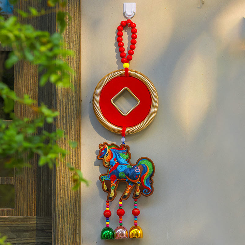 午年刺繍入りBuddha Stones金袋 ひょうたん 銅貨 鈴 お守り成就吊り下げ飾り - 茶色の馬と銅貨（12×42cm） - image 7