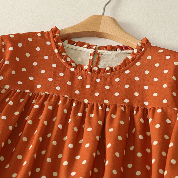 Buddha Stones秋冬 水玉模様 クルーネック 長袖 コットン レディース ミディドレス - image 2