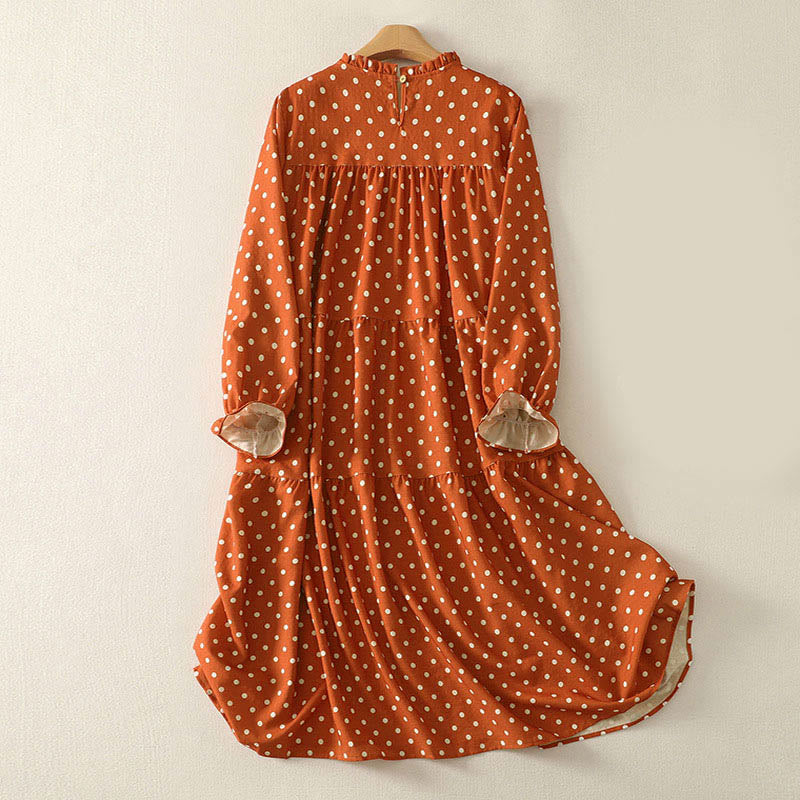 Buddha Stones秋冬 水玉模様 クルーネック 長袖 コットン レディース ミディドレス - image 1