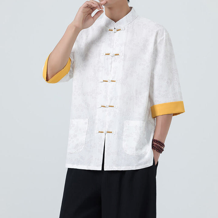 Buddha Stones夏 桃の花柄 中国風 カエルボタン コットンリネン 半袖 メンズシャツ - 白 - US/UK/AU46、 EU56 (5XL) - image 15