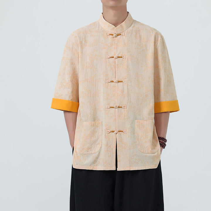 Buddha Stones夏 桃の花柄 中国風 カエルボタン コットンリネン 半袖 メンズシャツ - ビスク - US/UK/AU46、 EU56 (5XL) - image 9