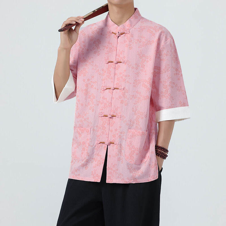 Buddha Stones夏 桃の花柄 中国風 カエルボタン コットンリネン 半袖 メンズシャツ - ピンク - US/UK/AU46、 EU56 (5XL) - image 12