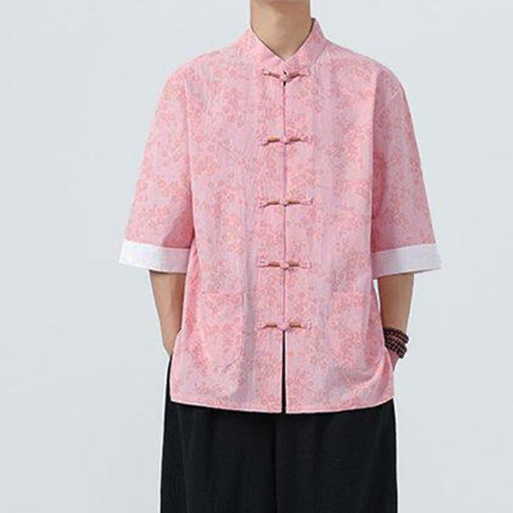 Buddha Stones夏 桃の花柄 中国風 カエルボタン コットンリネン 半袖 メンズシャツ - image 13