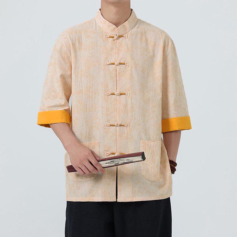 Buddha Stones夏 桃の花柄 中国風 カエルボタン コットンリネン 半袖 メンズシャツ - image 10