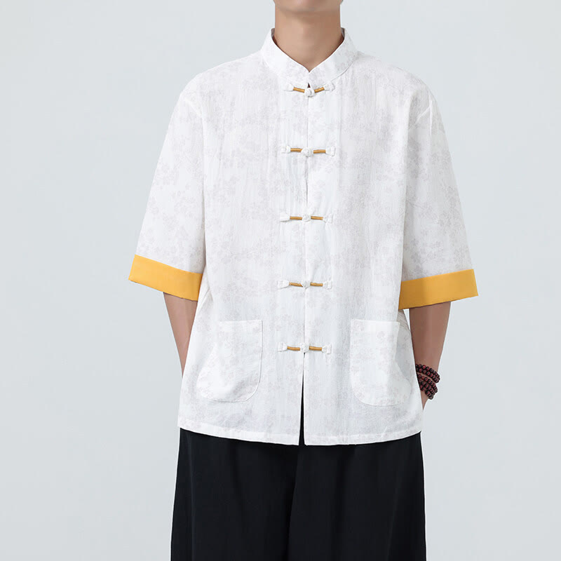 Buddha Stones夏 桃の花柄 中国風 カエルボタン コットンリネン 半袖 メンズシャツ - image 16