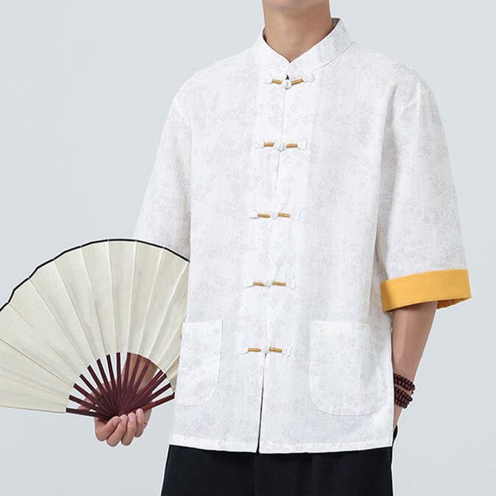 Buddha Stones夏 桃の花柄 中国風 カエルボタン コットンリネン 半袖 メンズシャツ - image 17