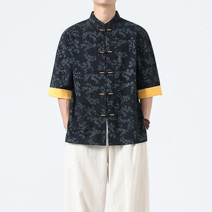 Buddha Stones夏 桃の花柄 中国風 カエルボタン コットンリネン 半袖 メンズシャツ - image 4