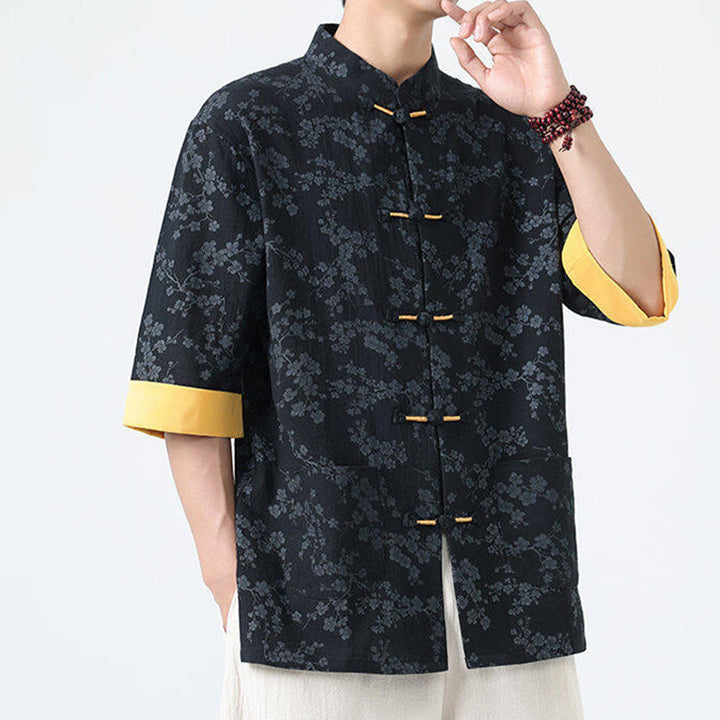 Buddha Stones夏 桃の花柄 中国風 カエルボタン コットンリネン 半袖 メンズシャツ - image 2