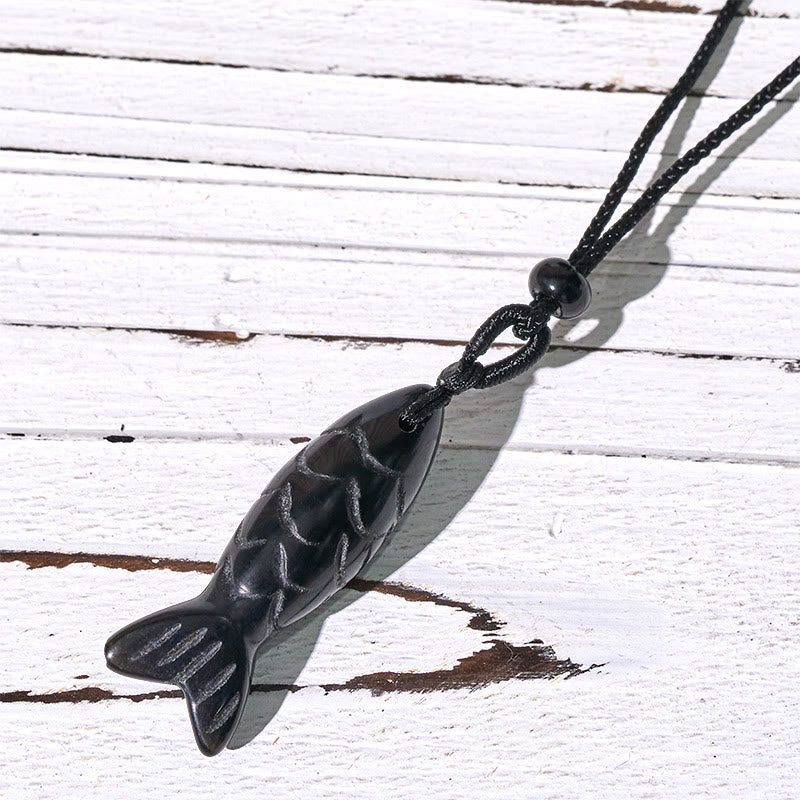 Buddha Stones彫刻鯉クリスタルインド瑪瑙アメジスト暖かさ豊かさネックレスペンダント - 黒曜石（ペンダントサイズ：15×40mm） - image 63