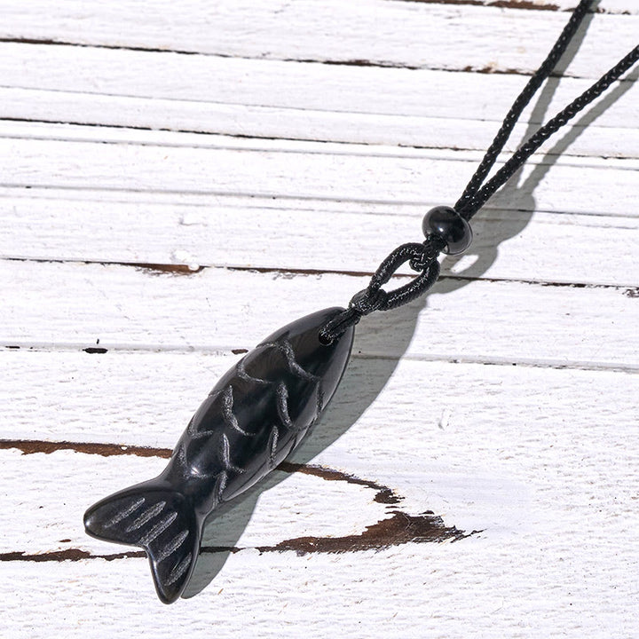 Buddha Stones彫刻鯉クリスタルインド瑪瑙アメジスト暖かさ豊かさネックレスペンダント - 黒曜石（ペンダントサイズ：15×40mm） - image 63