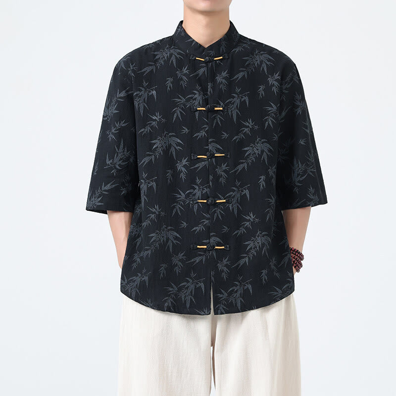 Buddha Stonesと竹の葉模様の夏用カエルボタンコットンリネン半袖メンズシャツ - 黒 - US/UK/AU46、 EU56 (5XL) - image 0