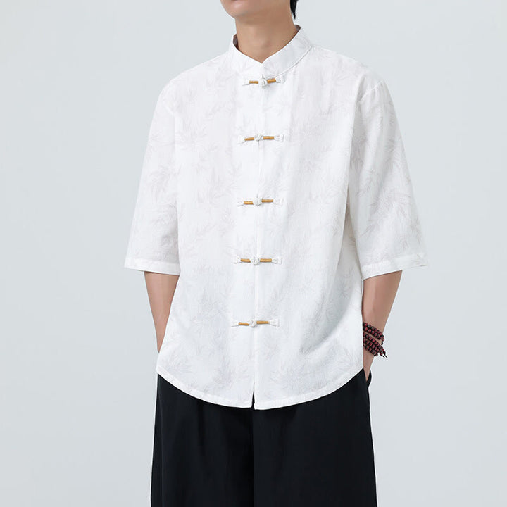 Buddha Stonesと竹の葉模様の夏用カエルボタンコットンリネン半袖メンズシャツ - 白 - US/UK/AU46、 EU56 (5XL) - image 15