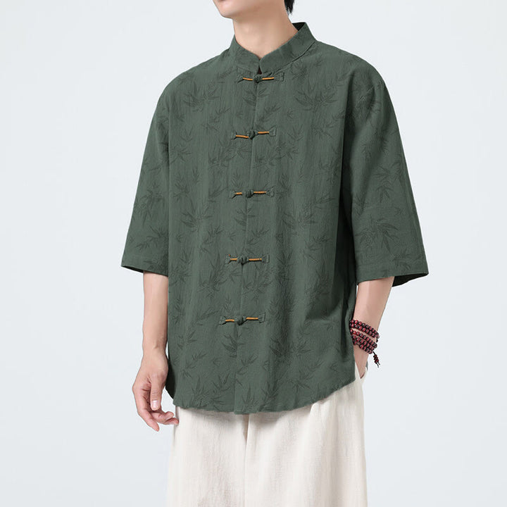 Buddha Stonesと竹の葉模様の夏用カエルボタンコットンリネン半袖メンズシャツ - シーグリーン - US/UK/AU46、 EU56 (5XL) - image 7