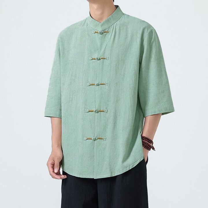 Buddha Stonesと竹の葉模様の夏用カエルボタンコットンリネン半袖メンズシャツ - image 14