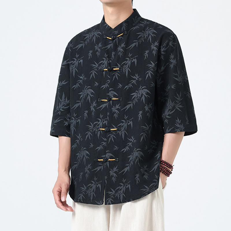 Buddha Stonesと竹の葉模様の夏用カエルボタンコットンリネン半袖メンズシャツ - image 2