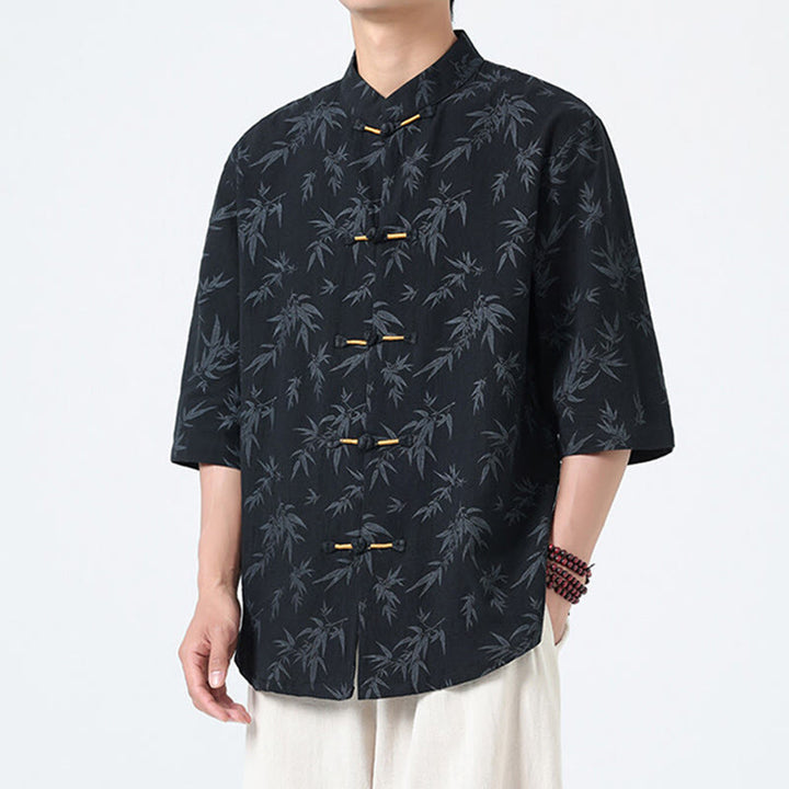 Buddha Stonesと竹の葉模様の夏用カエルボタンコットンリネン半袖メンズシャツ - image 2
