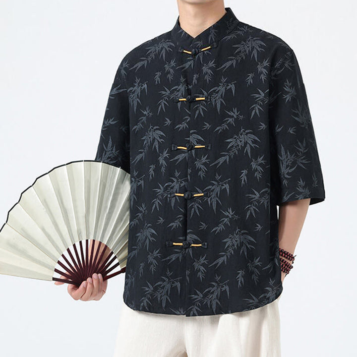 Buddha Stonesと竹の葉模様の夏用カエルボタンコットンリネン半袖メンズシャツ - image 1