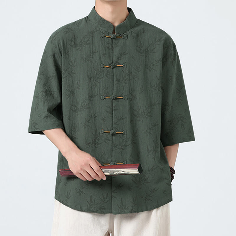 Buddha Stonesと竹の葉模様の夏用カエルボタンコットンリネン半袖メンズシャツ - image 8