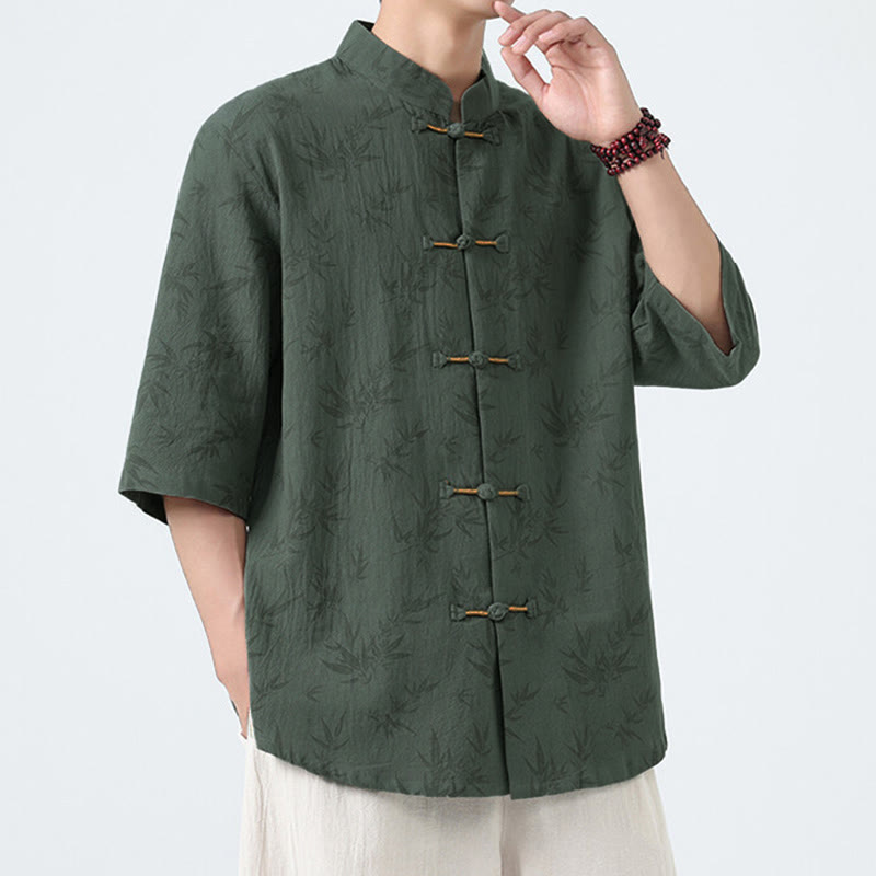 Buddha Stonesと竹の葉模様の夏用カエルボタンコットンリネン半袖メンズシャツ - image 9