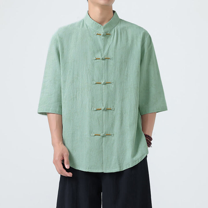 Buddha Stonesと竹の葉模様の夏用カエルボタンコットンリネン半袖メンズシャツ - image 12