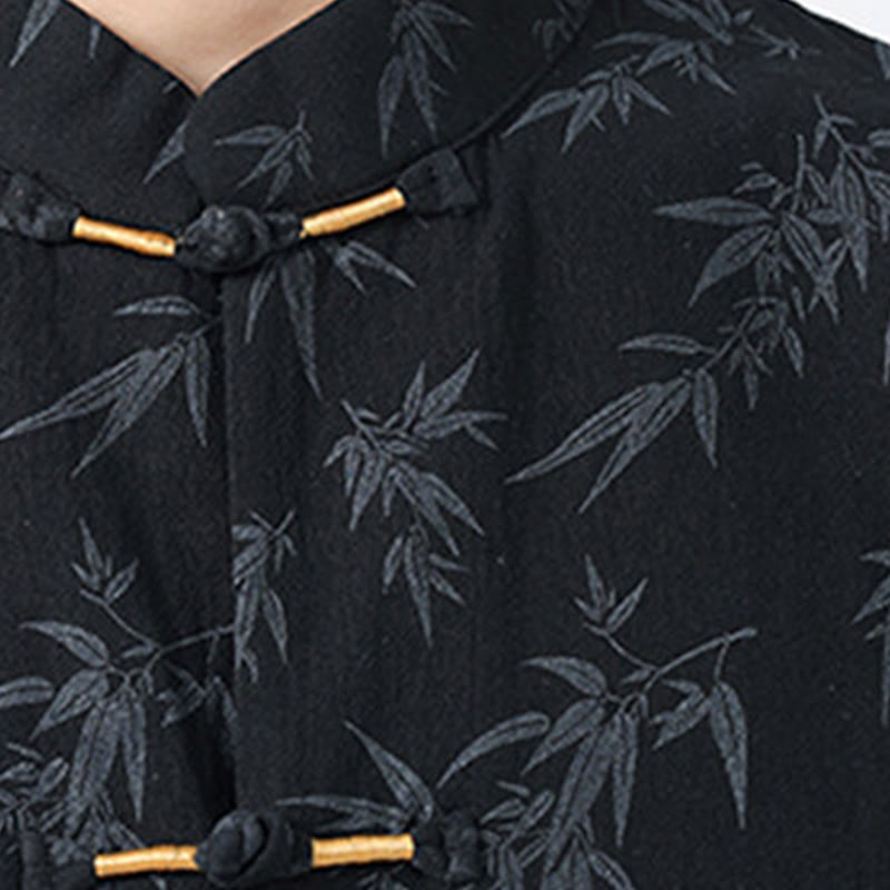 Buddha Stonesと竹の葉模様の夏用カエルボタンコットンリネン半袖メンズシャツ - image 5