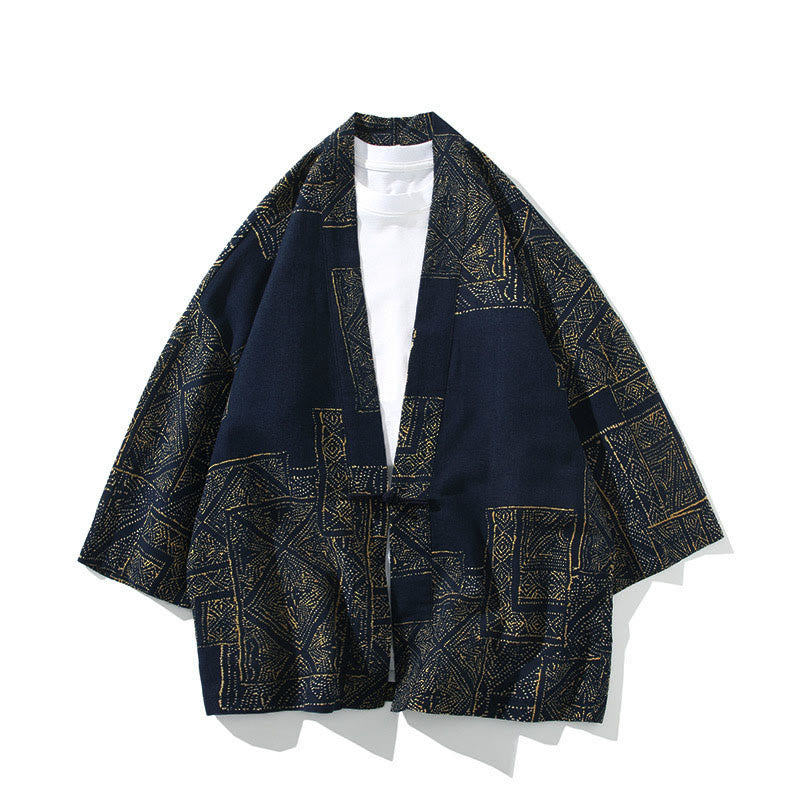 Buddha Stones、幾何学模様、花柄ストライプ、蝶、墨、前開き、半袖ジャケット、メンズ着物 - スクエアブルー - US/UK/AU46、 EU56 (5XL) - image 0