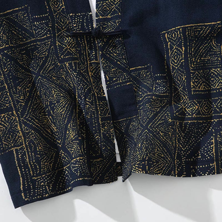 Buddha Stones学模様花柄ストライプ蝶インクフロントオープンハーフスリーブジャケットコットンメンズ着物 - image 6