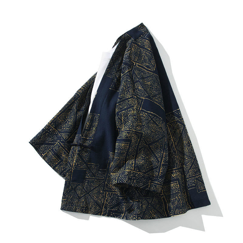 Buddha Stones学模様花柄ストライプ蝶インクフロントオープンハーフスリーブジャケットコットンメンズ着物 - image 2