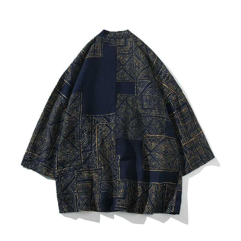 Buddha Stones、幾何学模様、花柄ストライプ、蝶、墨、前開き、半袖ジャケット、メンズ着物 - image 1