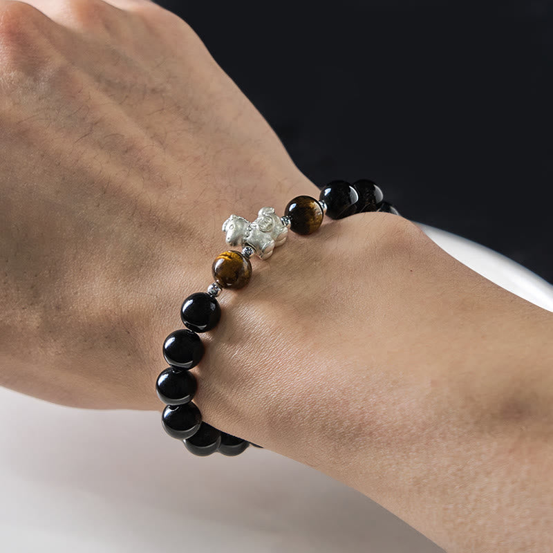 Buddha Stones馬年 999スターリングシルバー 馬チャーム ブラックオブシディアン タイガーアイ強さブレスレット - image 4
