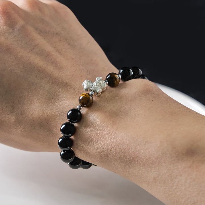 Buddha Stones馬年 999スターリングシルバー 馬チャーム ブラックオブシディアン タイガーアイ強さブレスレット - image 4