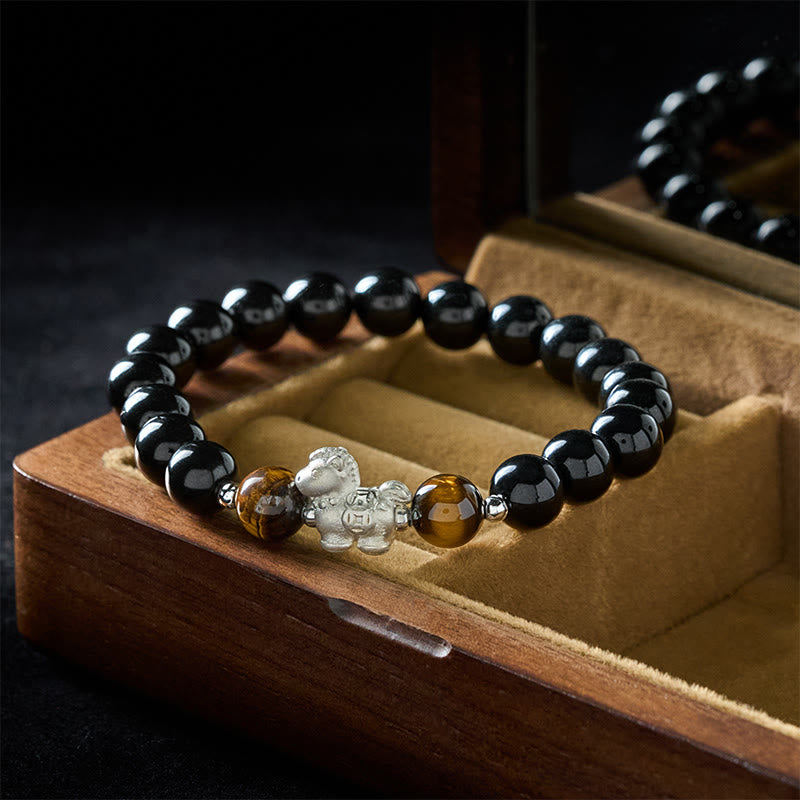 Buddha Stones馬年 999スターリングシルバー 馬チャーム ブラックオブシディアン タイガーアイ強さブレスレット - image 2