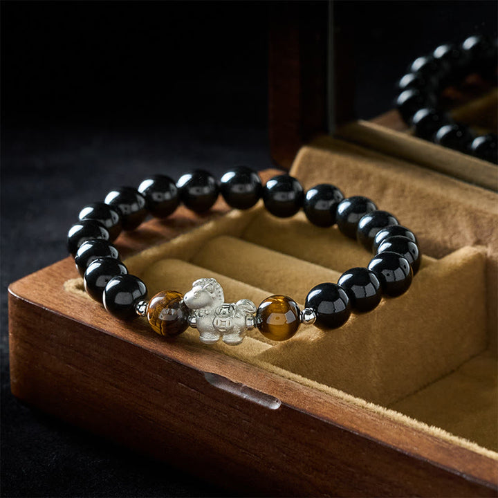 Buddha Stones馬年 999スターリングシルバー 馬チャーム ブラックオブシディアン タイガーアイ強さブレスレット - image 2