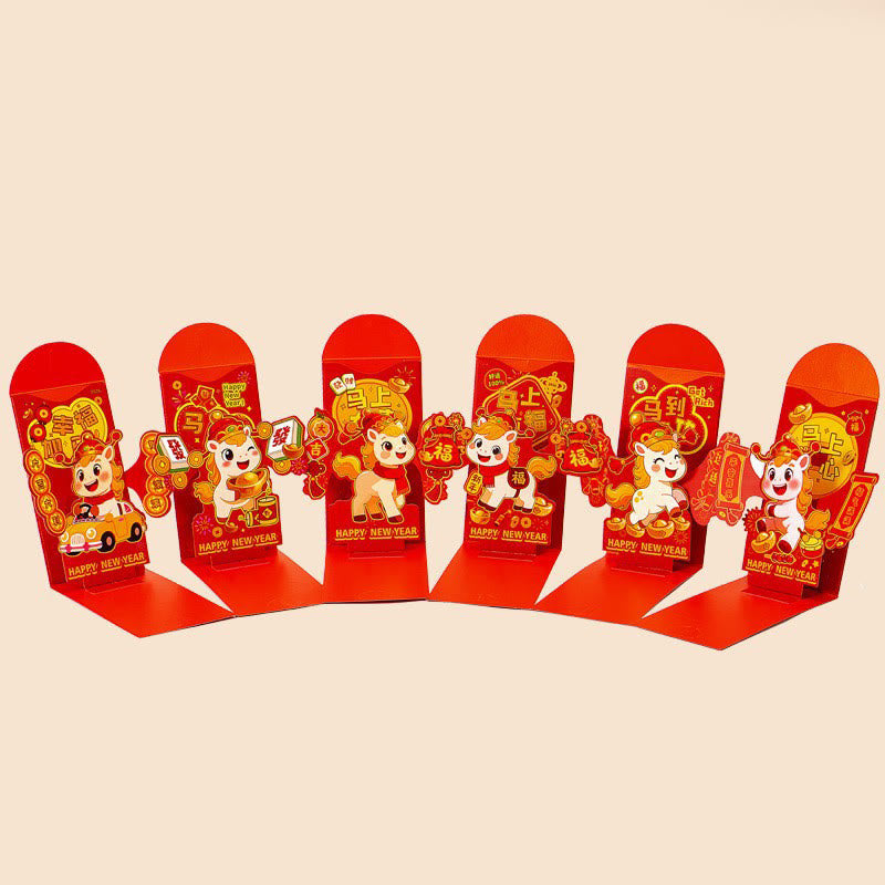 Buddha Stones午年 2026 新年 福 キャラクター 立体 6個入り 中国製 赤い封筒 - 幸せゲットリッチラッキーフーキャラクター成就ハッピーセット（17×9 cm） - image 0