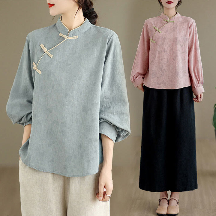 Buddha Stones春の伝統的な花柄フロッグボタンスタンドカラー長袖レディースコットンシャツ - image 19