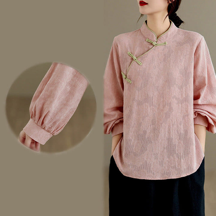 Buddha Stones春の伝統的な花柄フロッグボタンスタンドカラー長袖レディースコットンシャツ - image 18